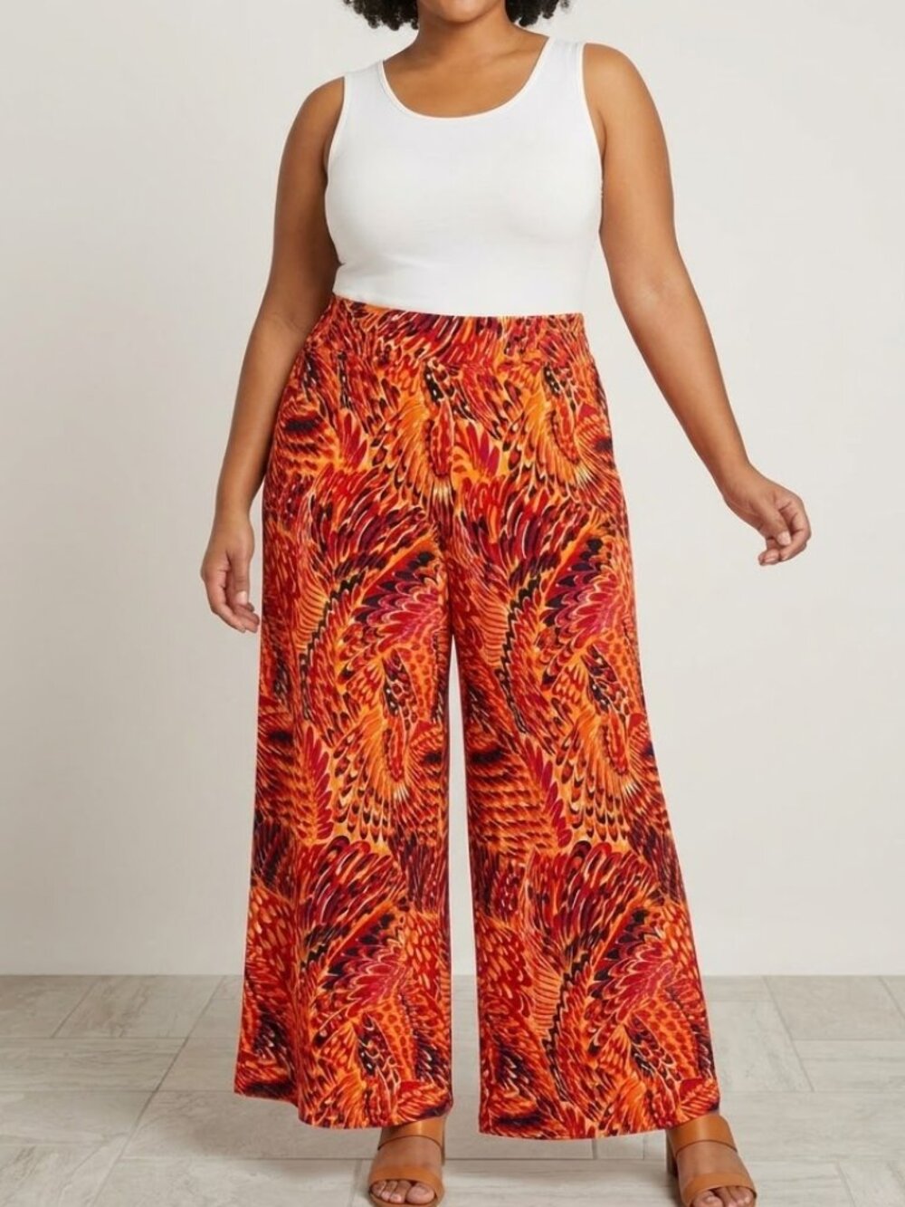 Kate & Mallory Wide Leg Orange Stretch Abstract Palazzo Pants Sz XL Boho Hippie